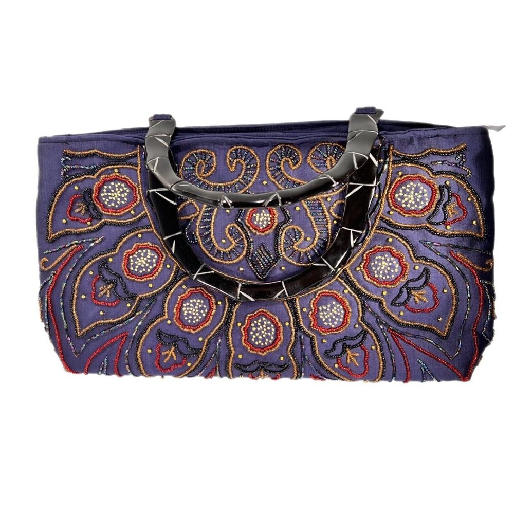 Blue Purple Beaded Purse Handbag Acrylic Bamboo style Handles Unbranded Zipper - Picture 4 of 14